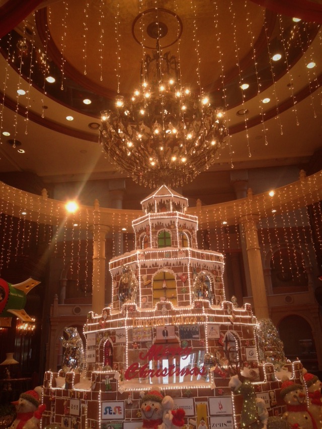 Christmas decorations and glowing lights inside a Seoul hotel during the holiday season
