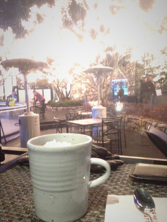 A warm drink beside an outdoor winter terrace in Korea