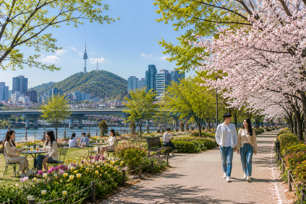 Spring in Seoul with cherry blossoms, fresh green trees and people enjoying a sunny April day