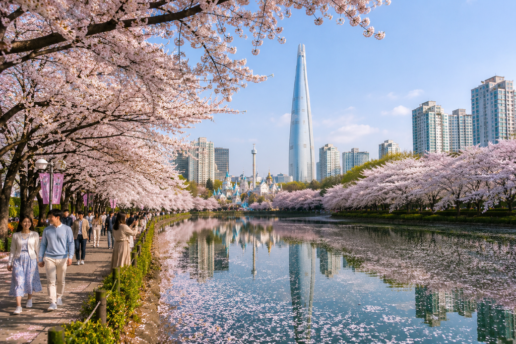 Cherry blossoms in full bloom around Seokchon Lake in Seoul in April