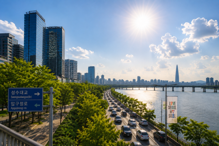 Hot summer day in Seoul with the Han River and city skyline in August
