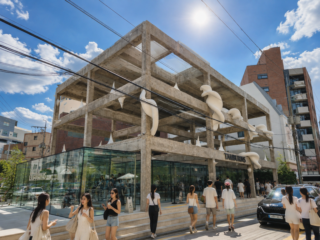 People walking in Seongsu-dong under the strong summer sun in August
