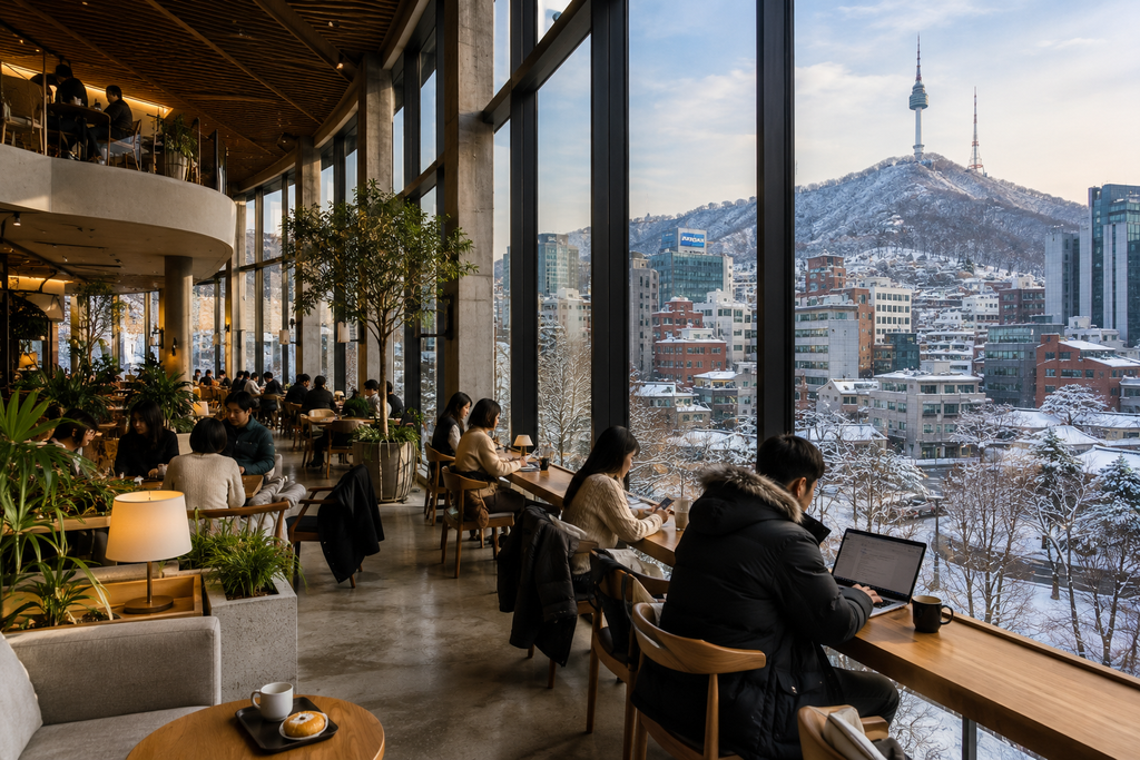 Warm indoor cafe in Seoul during winter