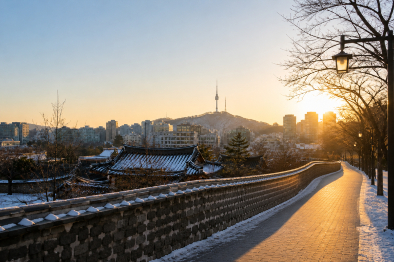Snow-covered traditional rooftops and N Seoul Tower on a winter evening in Seoul