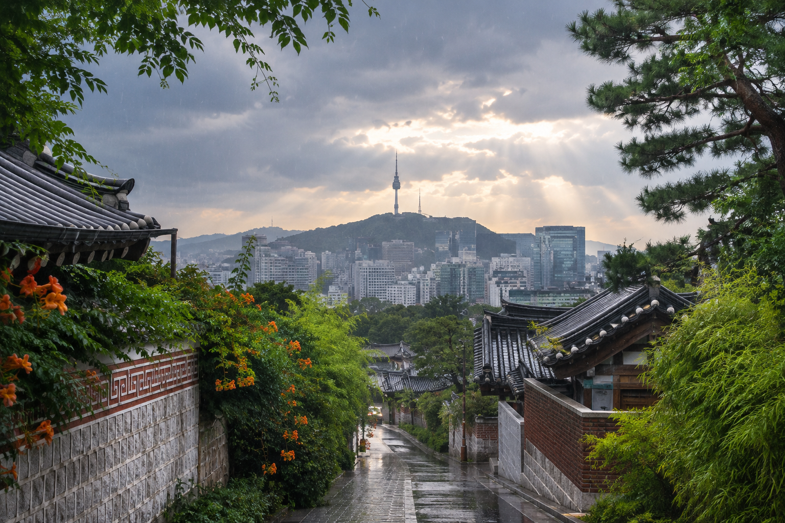 Seoul cityscape surrounded by lush greenery after summer rain in July