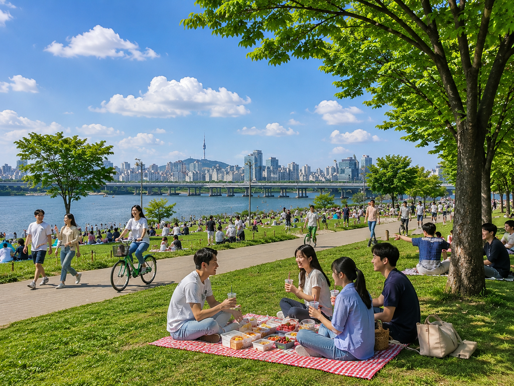 People enjoying a warm early summer day by the Han River in Seoul in June
