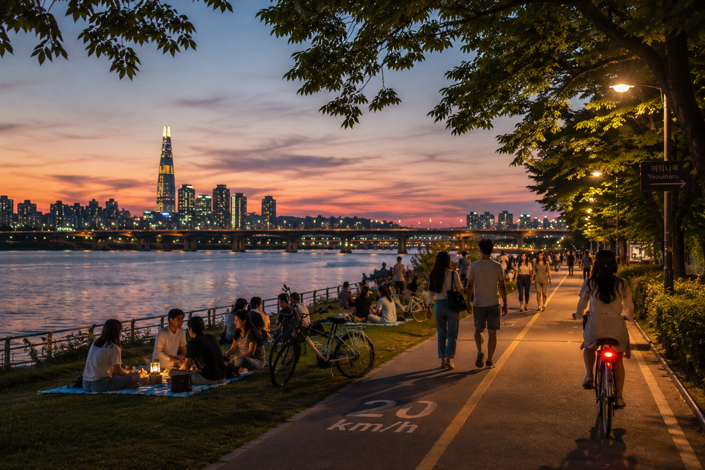 People enjoying a warm June evening by the Han River in Seoul