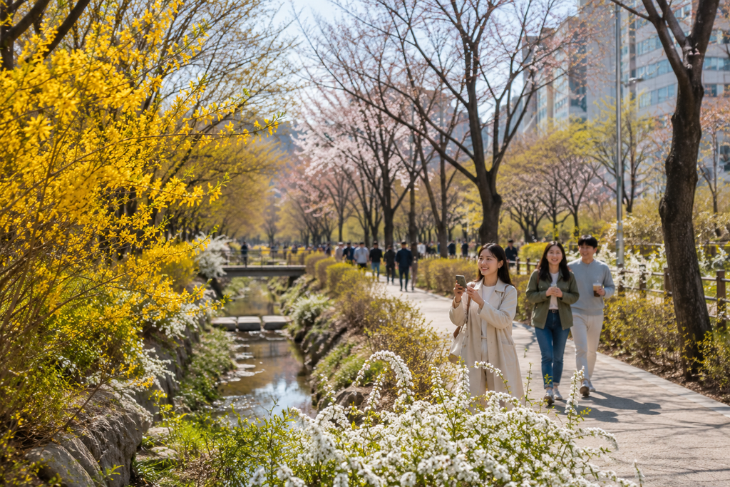 Early spring flowers and people enjoying a sunny March day in Seoul