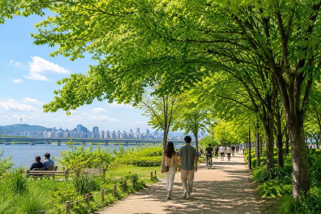 Lush green trees and people enjoying a warm May day in Seoul