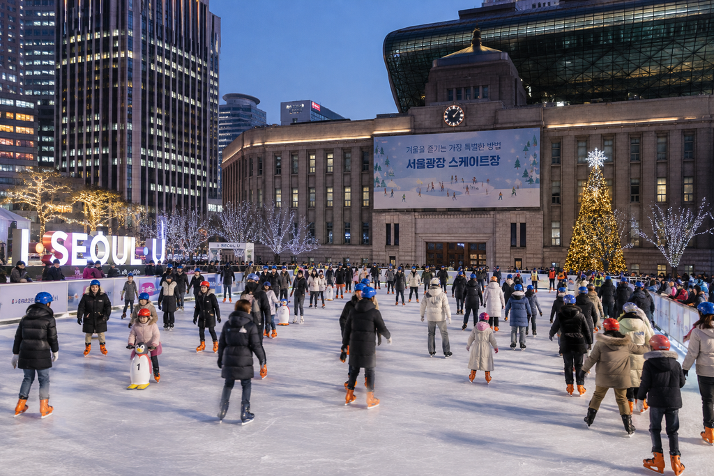 Ice skating at Seoul Plaza in winter