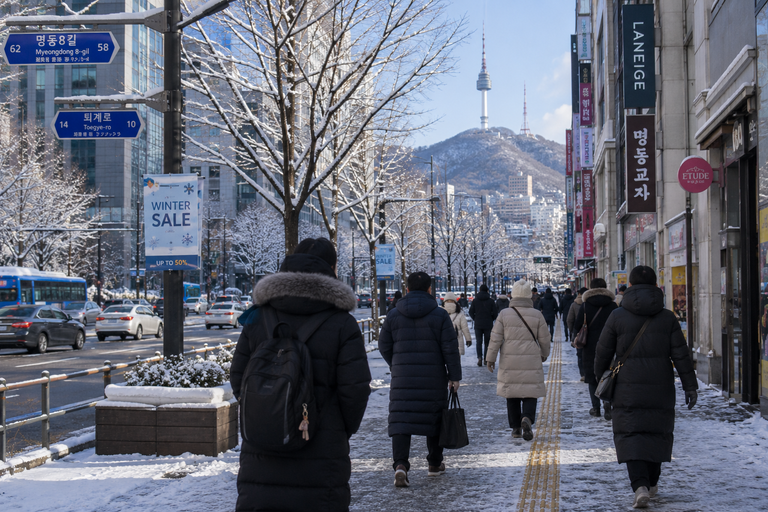 Snowy winter street in Seoul, Korea in January
