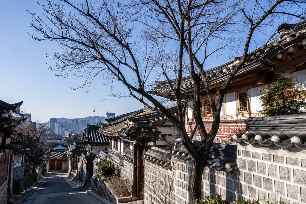 Traditional Korean hanok village on a clear winter day