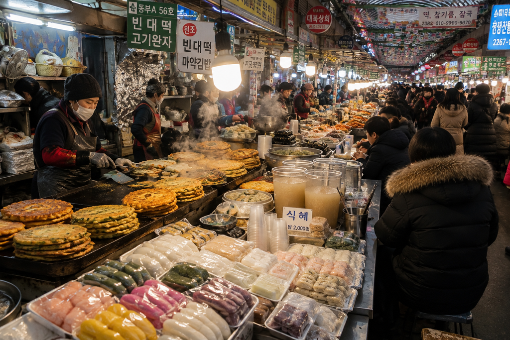 Traditional Korean market food stalls on a winter day in Seoul