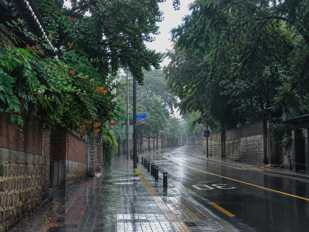 Rainy street in Seoul surrounded by lush green trees during Korea’s summer monsoon season