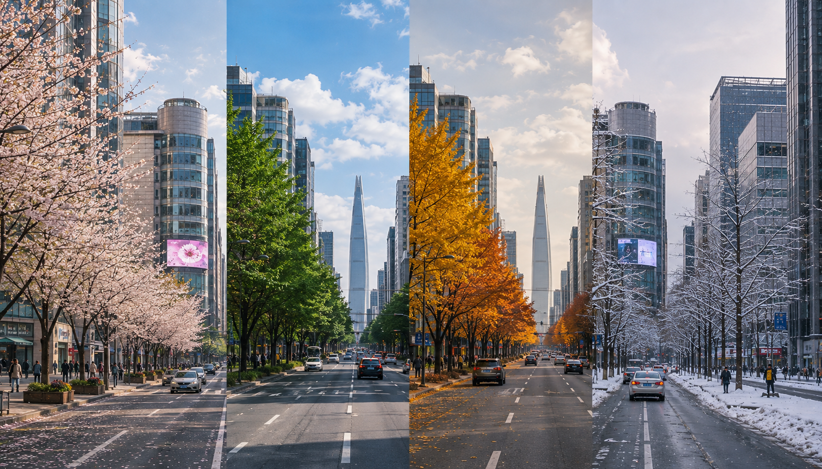 Four seasons in Seoul, South Korea, showing spring cherry blossoms, summer greenery, autumn foliage, and a snowy winter street.