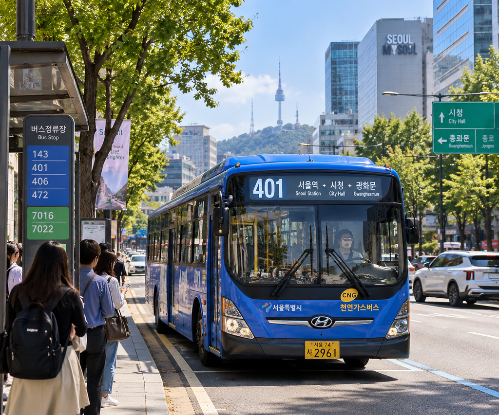 Blue Seoul city bus arriving at a bus stop