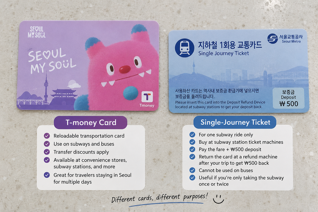 T-money card and single-journey subway ticket comparison in Seoul