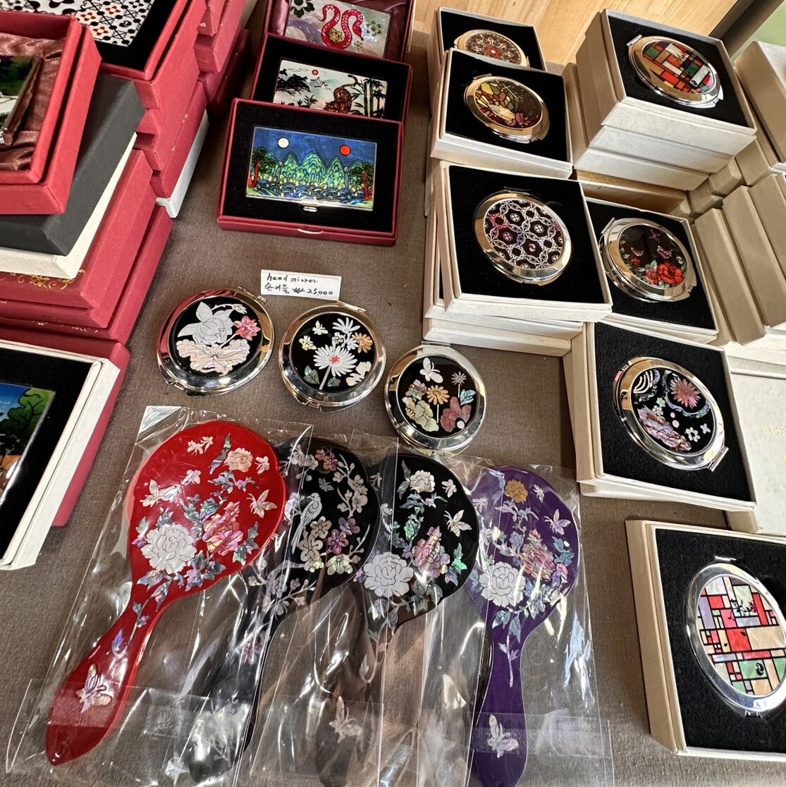 Traditional Korean crafts and souvenirs displayed in a Bukchon shop