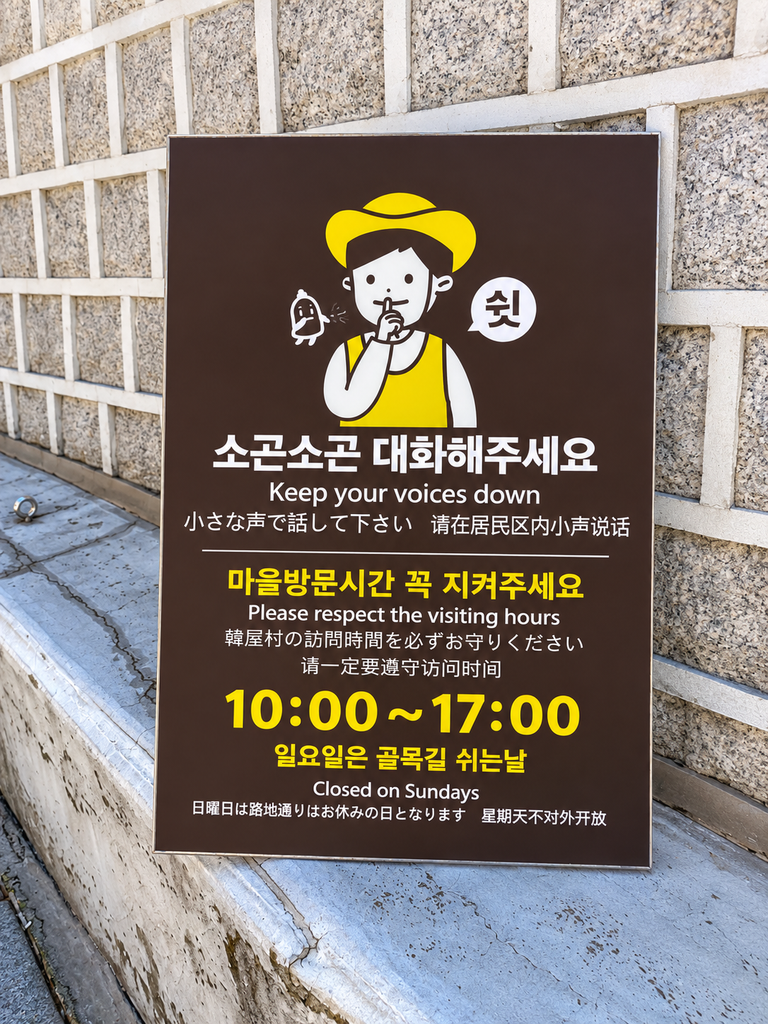 Bukchon Hanok Village visiting hours sign showing the 10 AM to 5 PM restriction
