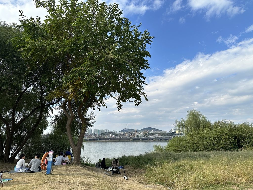 Visitors relaxing under shady trees beside the Han River at Banpo Hangang Park in Seoul on a sunny autumn day.